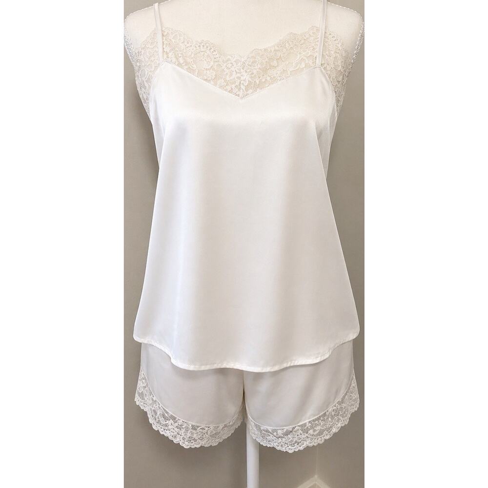 S White Satin Lace Trim Cami Pajama Set V-Neck Sleeveless Adjustable Straps